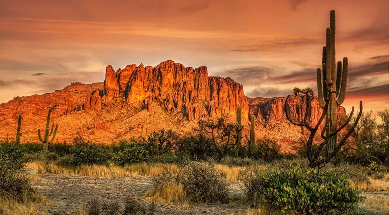 Dramatic sunset over the Superstition Mountains along the Apache Trail